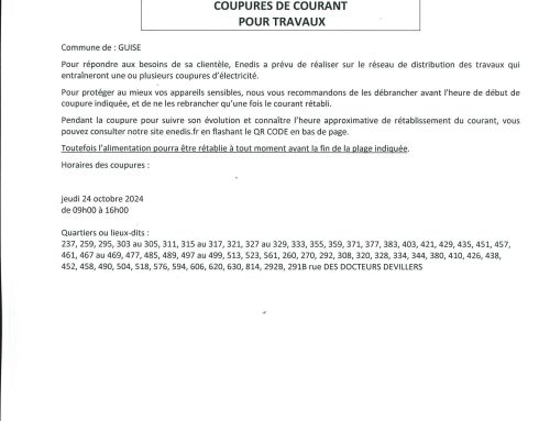 Coupures de courant pour travaux  – Jeudi 24 octobre et vendredi 25 octobre 2024
