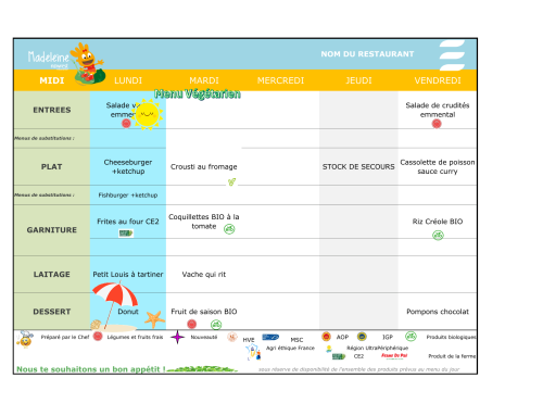 Scolaire – Menu cantine du 30 juin au 4 juillet 2025