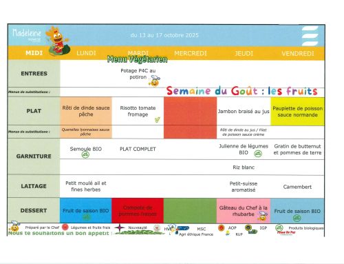 Scolaire – Menu de la cantine du 13 au 17 octobre 2025