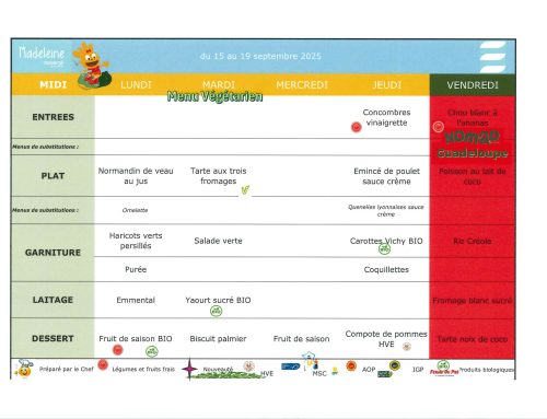 Scolaire – Menu de la cantine du 15 au 19 septembre 2025
