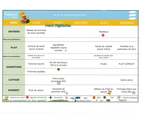 Scolaire – Menu de la cantine du 22 au 26 septembre 2025