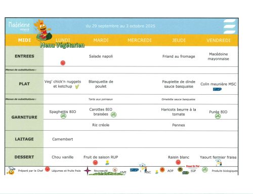 Scolaire – Menu de la cantine du 29 septembre au 03 octobre 2025