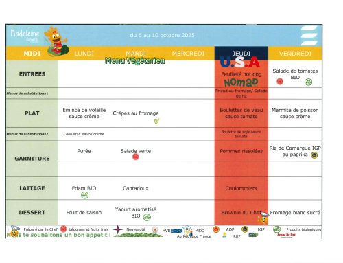 Scolaire – Menu de la cantine du 06 au 10 octobre 2025