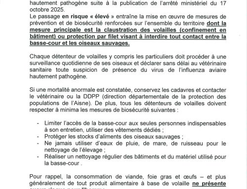 Information – Elévation du niveau de risque INFLUENZA AVIAIRE