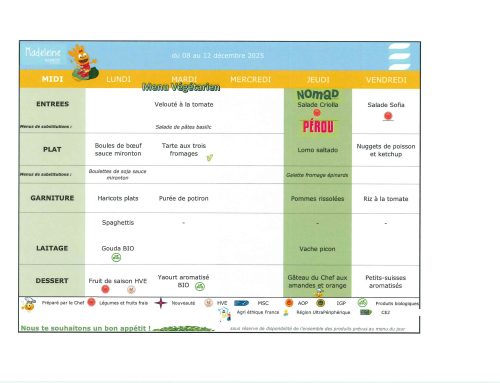 Scolaire – Menu de la cantine du 08 au 12 décembre 2025