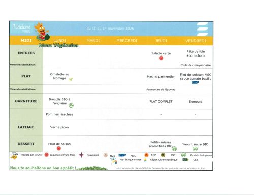Scolaire – Menu de la cantine du 10 au 14 novembre 2025