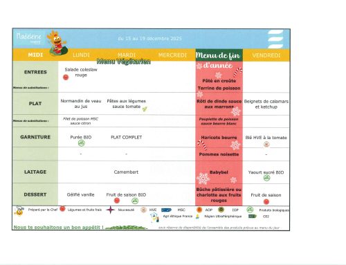 Scolaire – Menu de la cantine du 15 au 19 décembre 2025