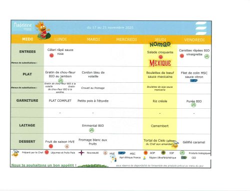 Scolaire – Menu de la cantine du 17 au 21 novembre 2025