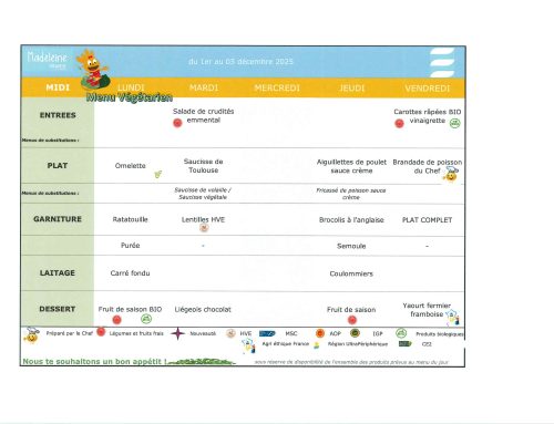 Scolaire – Menu de la cantine du 1er au 05 décembre 2025