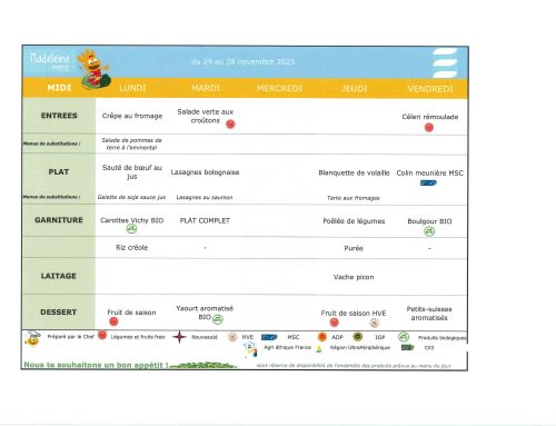 Scolaire – Menu de la cantine du 24 au 28 novembre 2025