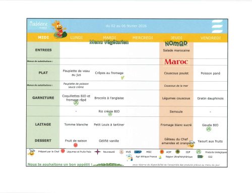 Scolaire – Menu de la cantine du 02 au 06 février 2026