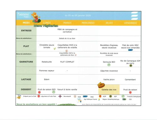 Scolaire – Menu de la cantine du 05 au 09 janvier 2026