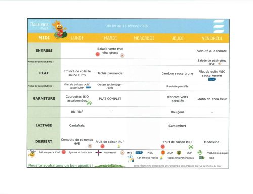 Scolaire – Menu de la cantine du 09 au 13 février 2026