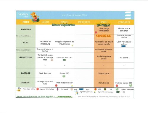 Scolaire – Menu de la cantine du 12 au 16 janvier 2026