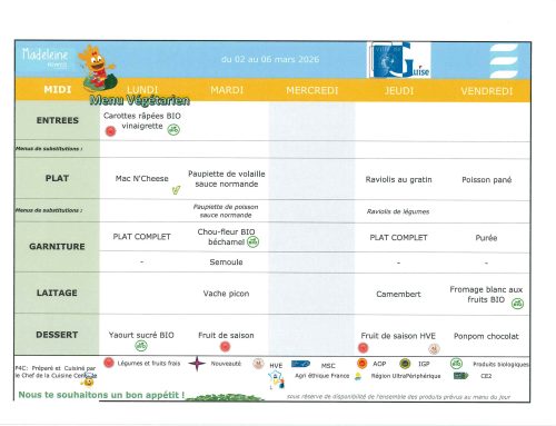 Scolaire – Menu de la cantine du 02 au 06 mars 2026