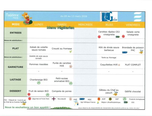 Scolaire – Menu de la cantine du 09 au 13 mars 2026