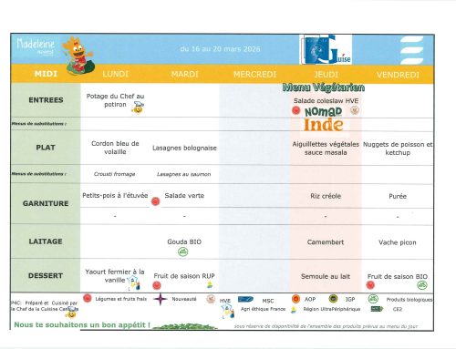 Scolaire – Menu de la cantine du 16 au 20 mars 2026