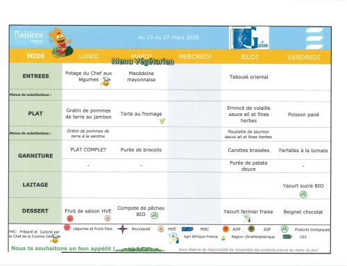 Scolaire – Menu de la cantine du 23 au 27 mars 2026