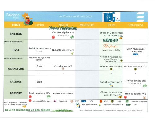 Scolaire – Menu de la cantine du 30 mars au 03 avril 2026