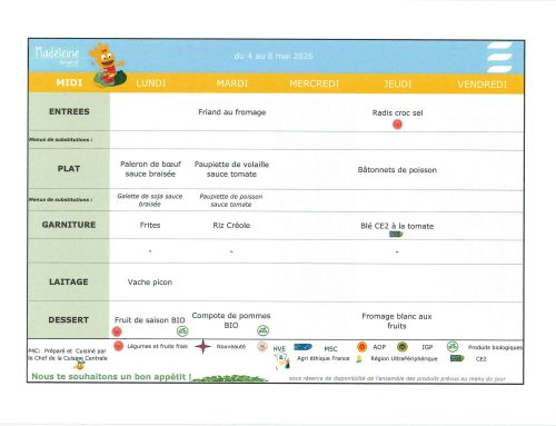 Scolaire – Menu de la cantine du 04 au 08 mai 2026
