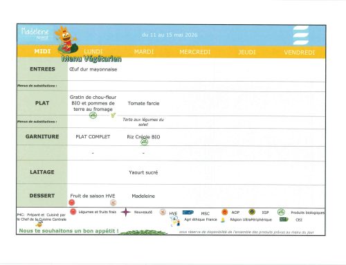 Scolaire – Menu de la cantine du 11 au 15 mai 2026