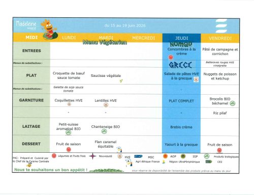 Scolaire – Menu de la cantine du 15 au 19 juin 2026