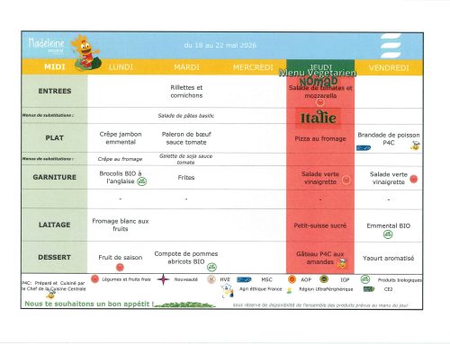 Scolaire – Menu de la cantine du 18 au 22 mai 2026