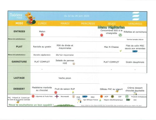 Scolaire – Menu de la cantine du 22 au 26 juin 2026
