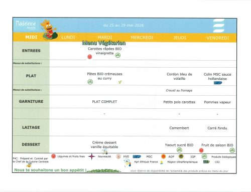 Scolaire – Menu de la cantine du 25 au 29 mai 2026
