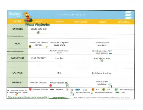 Scolaire – Menu de la cantine du 27 avril au 01 mai 2026