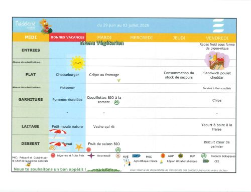 Scolaire – Menu de la cantine du 29 juin au 03 juillet 2026