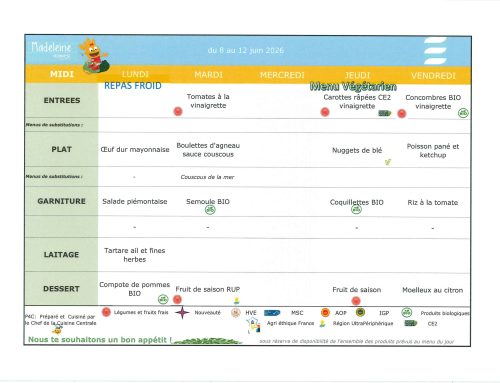 Scolaire – Menu de la cantine du 08 au 12 juin 2026