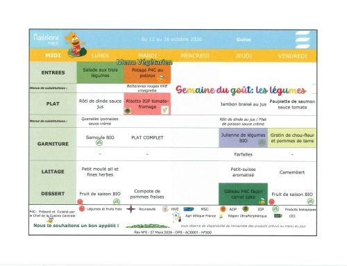 Scolaire – Menu de la cantine, du 12 au 16 octobre 2026