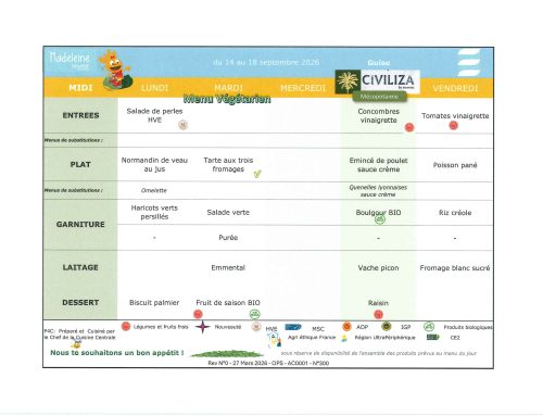 Scolaire – Menu de la cantine, du 14 au 18 septembre 2026