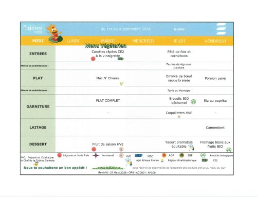 Scolaire – Menu de la cantine, du 1er au 4 septembre 2026