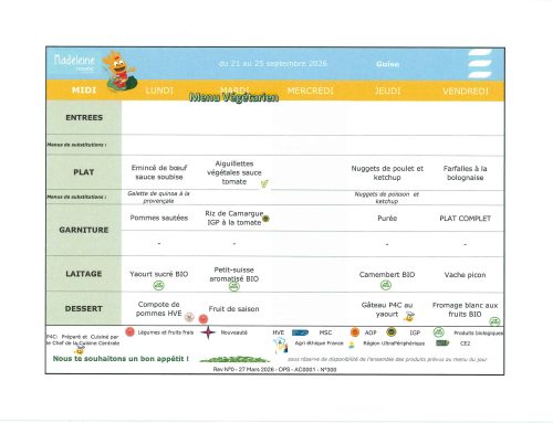 Scolaire – Menu de la cantine, du 21 au 25 septembre 2026