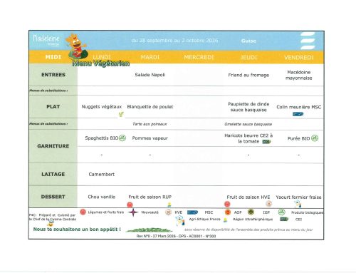 Scolaire – Menu de la cantine, du 28 septembre au 02 octobre 2026