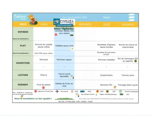 Scolaire – Menu de la cantine, du 05 au 09 octobre 2026