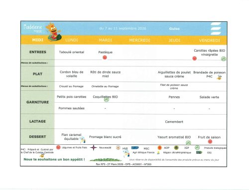 Scolaire – Menu de la cantine, du 7 au 11 septembre 2026