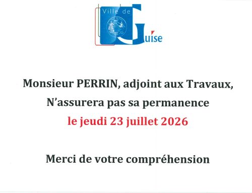 Information – Pas de permanence de Monsieur Perrin, adjoint aux travaux jeudi 23 juillet 2026