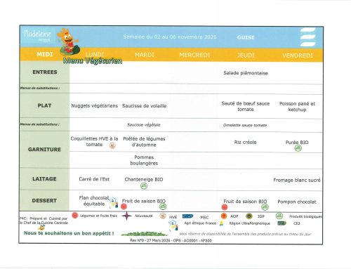 Scolaire – Menu de la cantine, du 02 au 06 novembre 2026